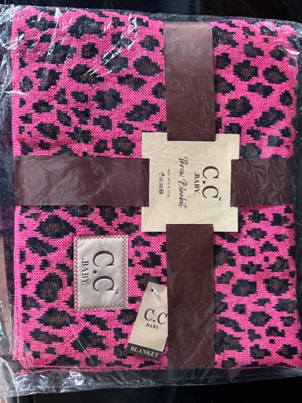 C.C Baby Pink and Black Leopard Knit Throw Blanket